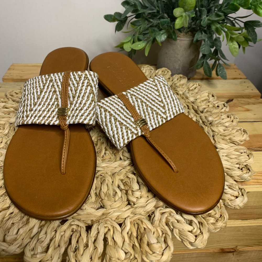 Italian Shoemakers Brown Slide Sandals with Cream Woven Strap. Size 8 $15